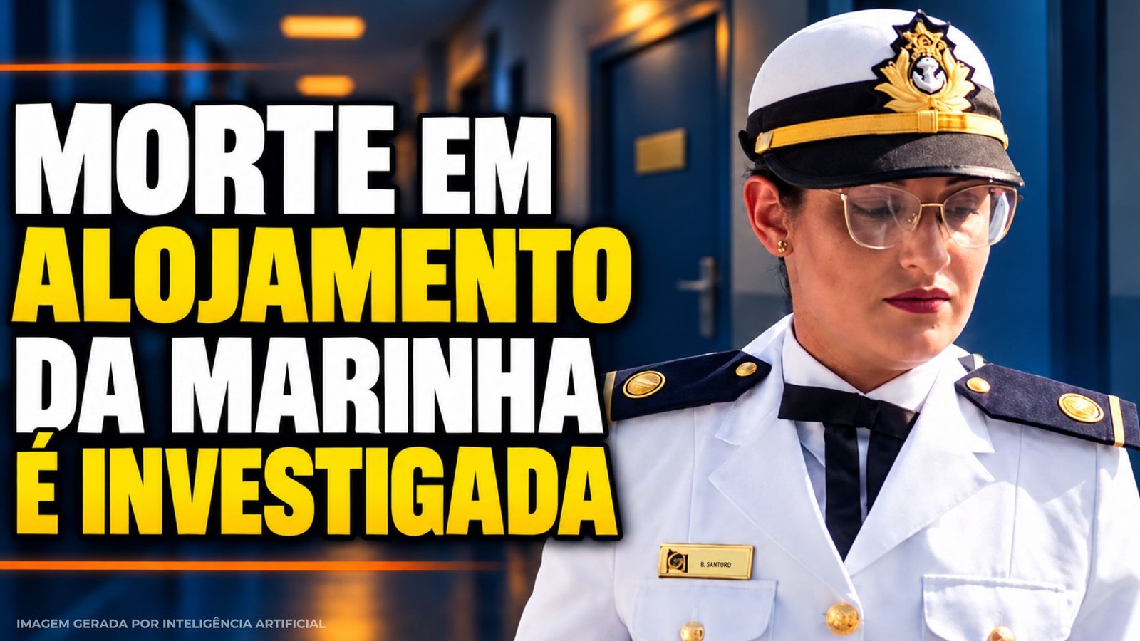 Ilustração de uma oficial da Marinha diante de um corredor, com chamada sobre investigação de morte em alojamento