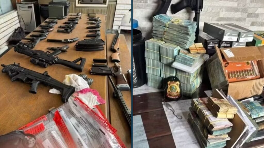 Armas, munições e dinheiro apreendidos pela PF