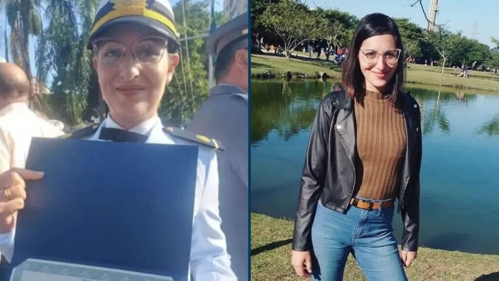 Beatriz Fickert Santoro em duas fotografias, uma de uniforme da Marinha e outra à paisana