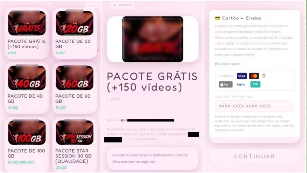 Página com pacotes de material de abuso sexual infantil e formas de pagamento