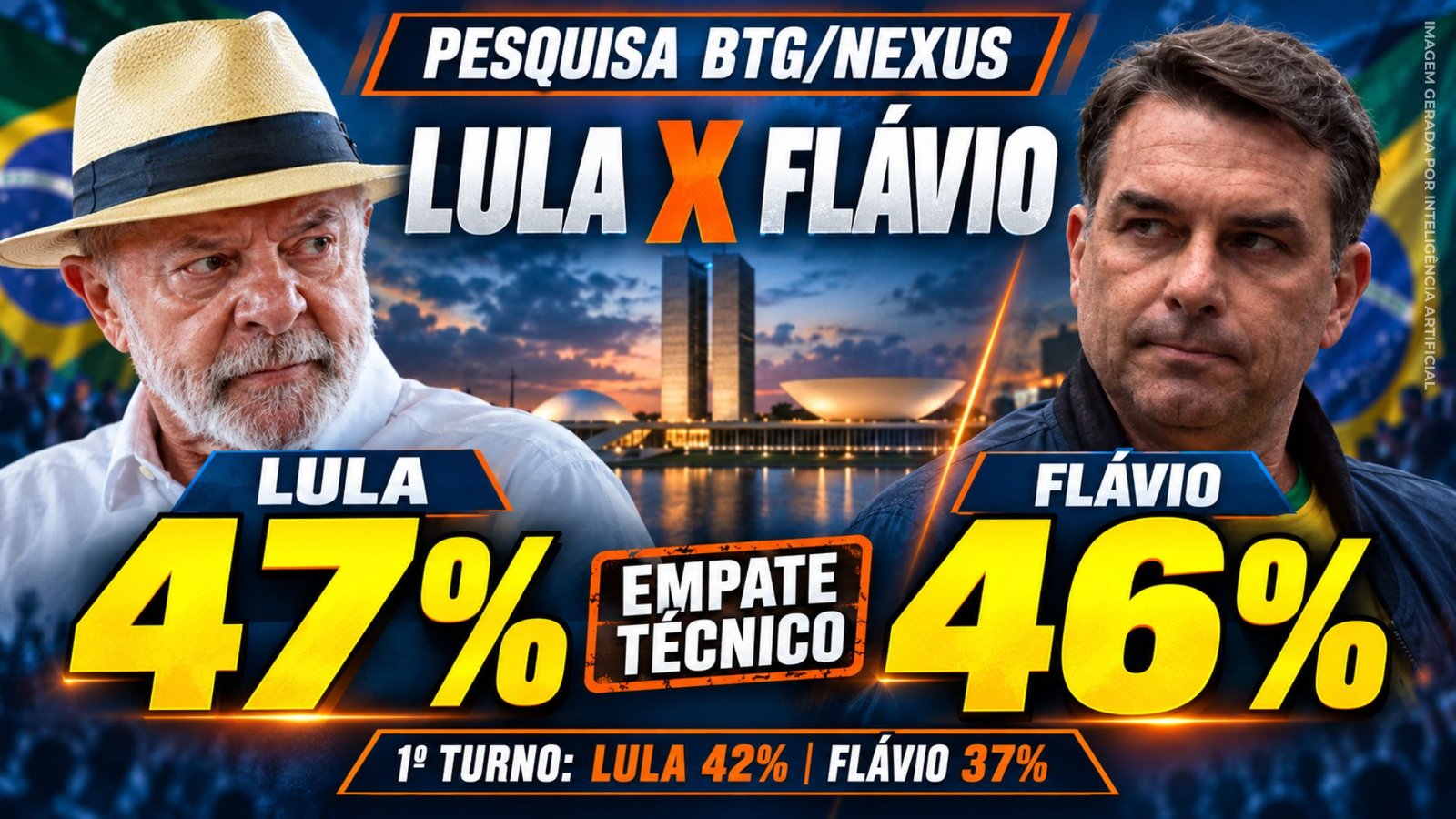 Lula e Flávio Bolsonaro em arte sobre pesquisa BTG/Nexus.
