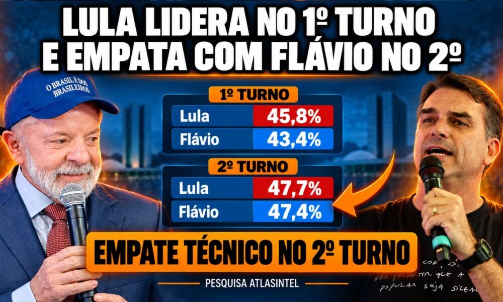 Imagem gerada por IA com Lula e Flávio Bolsonaro e resultados da pesquisa AtlasIntel para primeiro e segundo turno