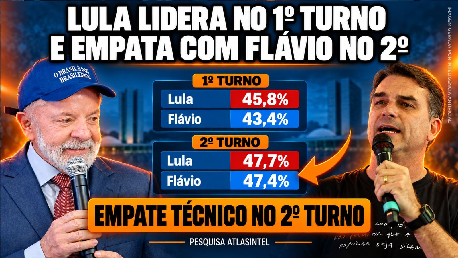 Imagem gerada por IA com Lula e Flávio Bolsonaro e resultados da pesquisa AtlasIntel para primeiro e segundo turno