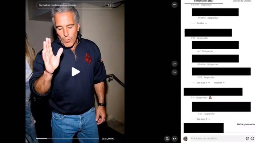 Vídeo no TikTok gerado por IA que simula Jeffrey Epstein, com comentários ocultos