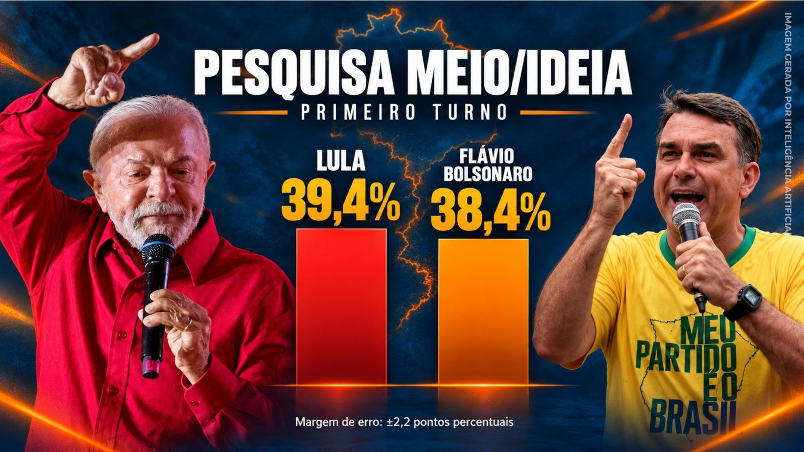 Lula e Flávio Bolsonaro com gráfico da pesquisa Meio/Ideia.