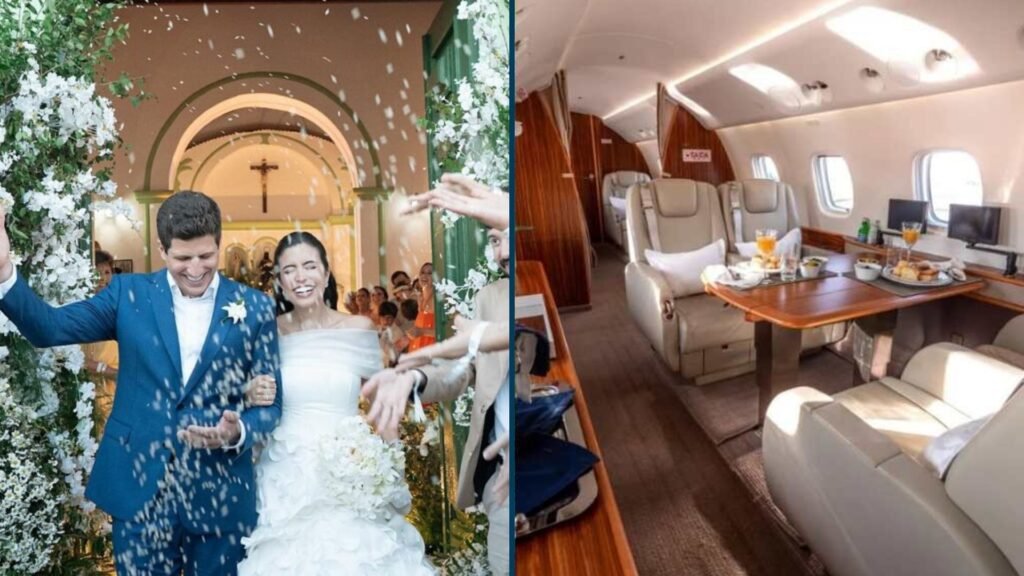 João Campos e Tábata Amaral no casamento ao lado do interior de um jato particular