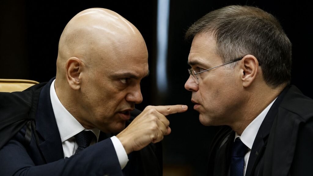 Alexandre de Moraes conversa com André Mendonça durante sessão no STF