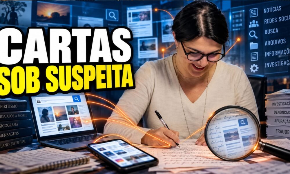 Máira Rocha escrevendo carta em arte sobre suposta fraude em cartas psicografadas