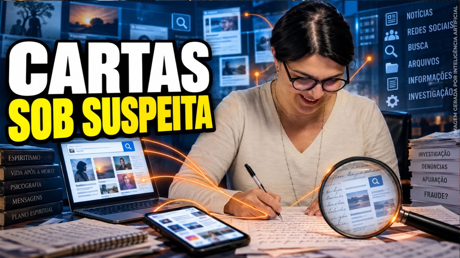 Máira Rocha escrevendo carta em arte sobre suposta fraude em cartas psicografadas