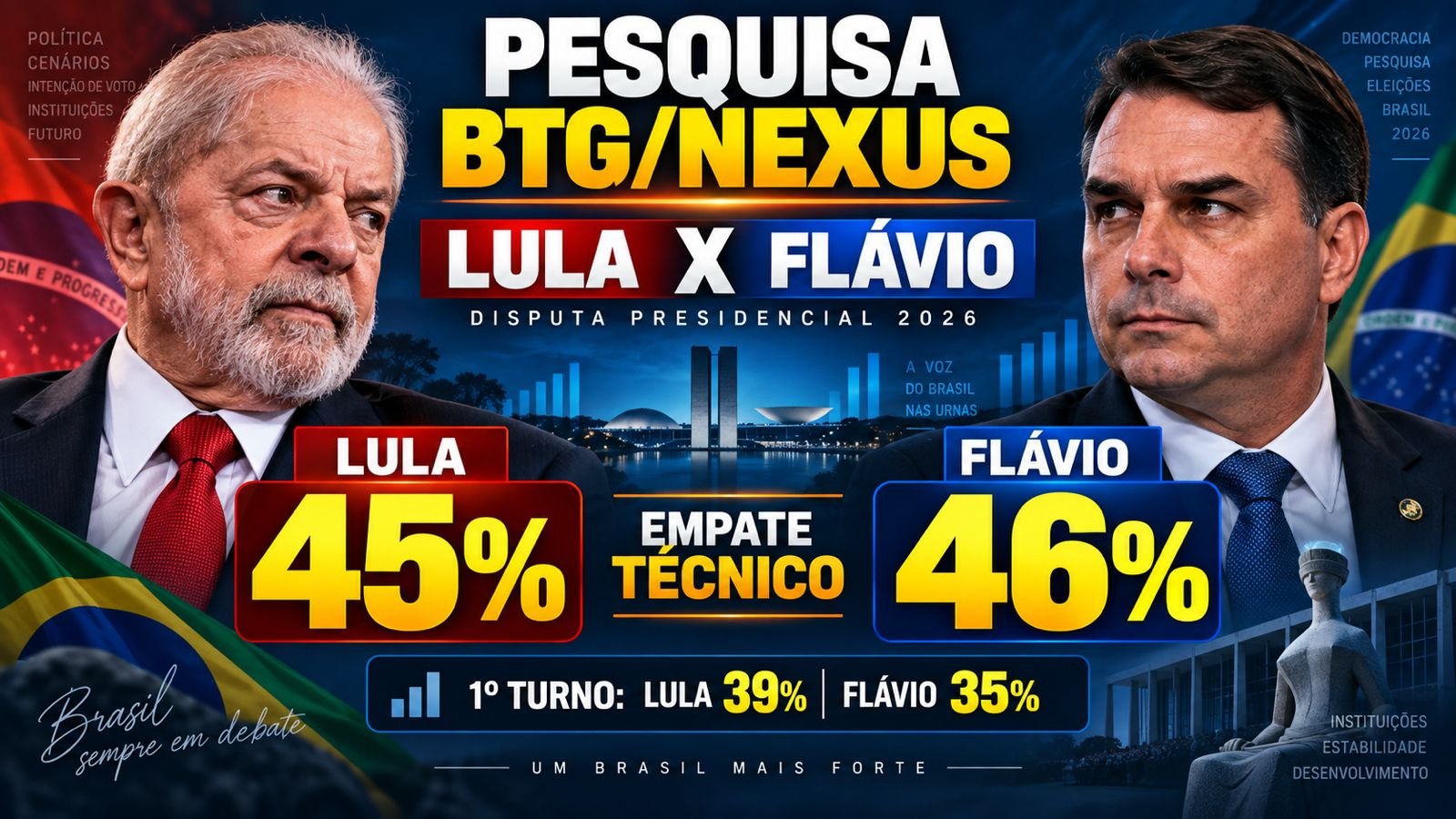 Arte com Lula e Flávio Bolsonaro e os números de 45% e 46% no segundo turno da pesquisa BTG/Nexus