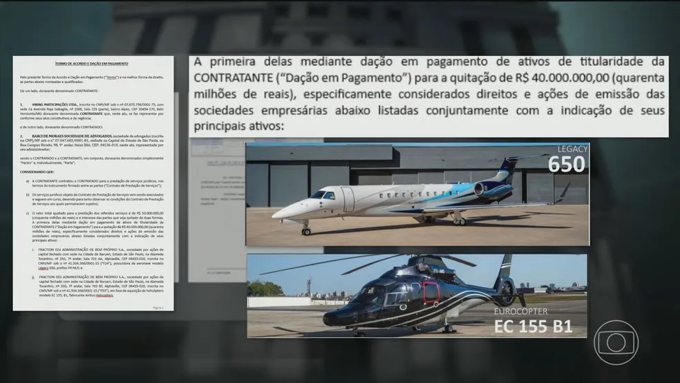 Documento analisado pela PF mostra proposta de quitação de R$ 40 milhões com cotas de um jato Legacy 650 e de um helicóptero Airbus EC 155 B1.