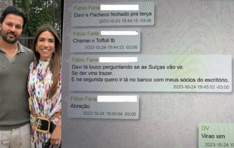 Fábio Faria e Patrícia Abravanel ao lado de mensagens atribuídas ao ex-ministro sobre encontro com autoridades