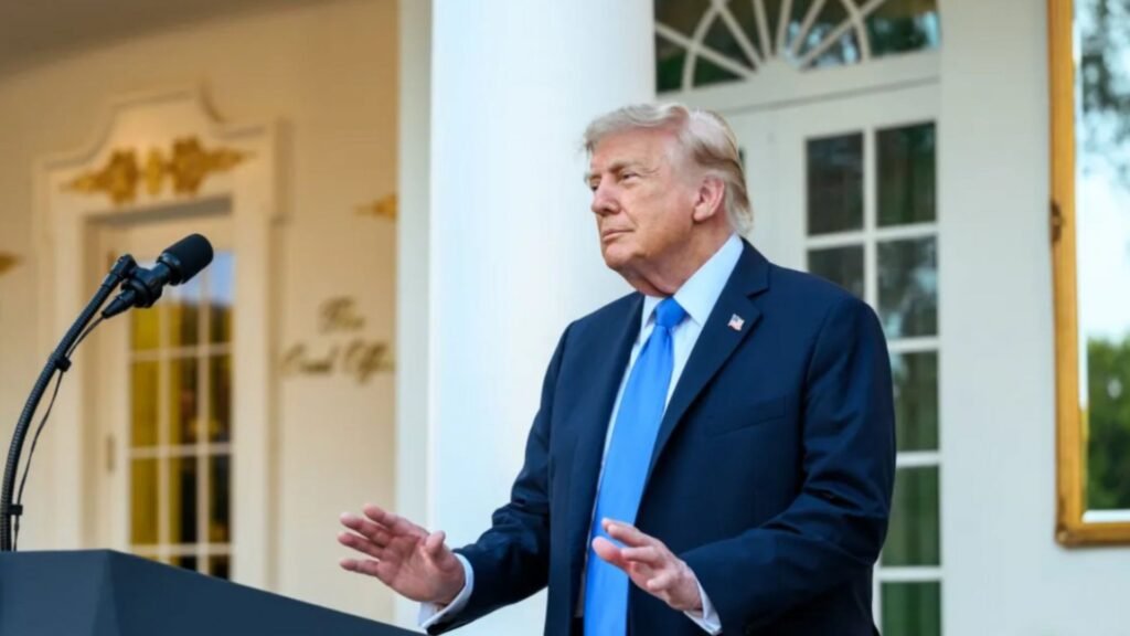 Donald Trump diante de microfones.
