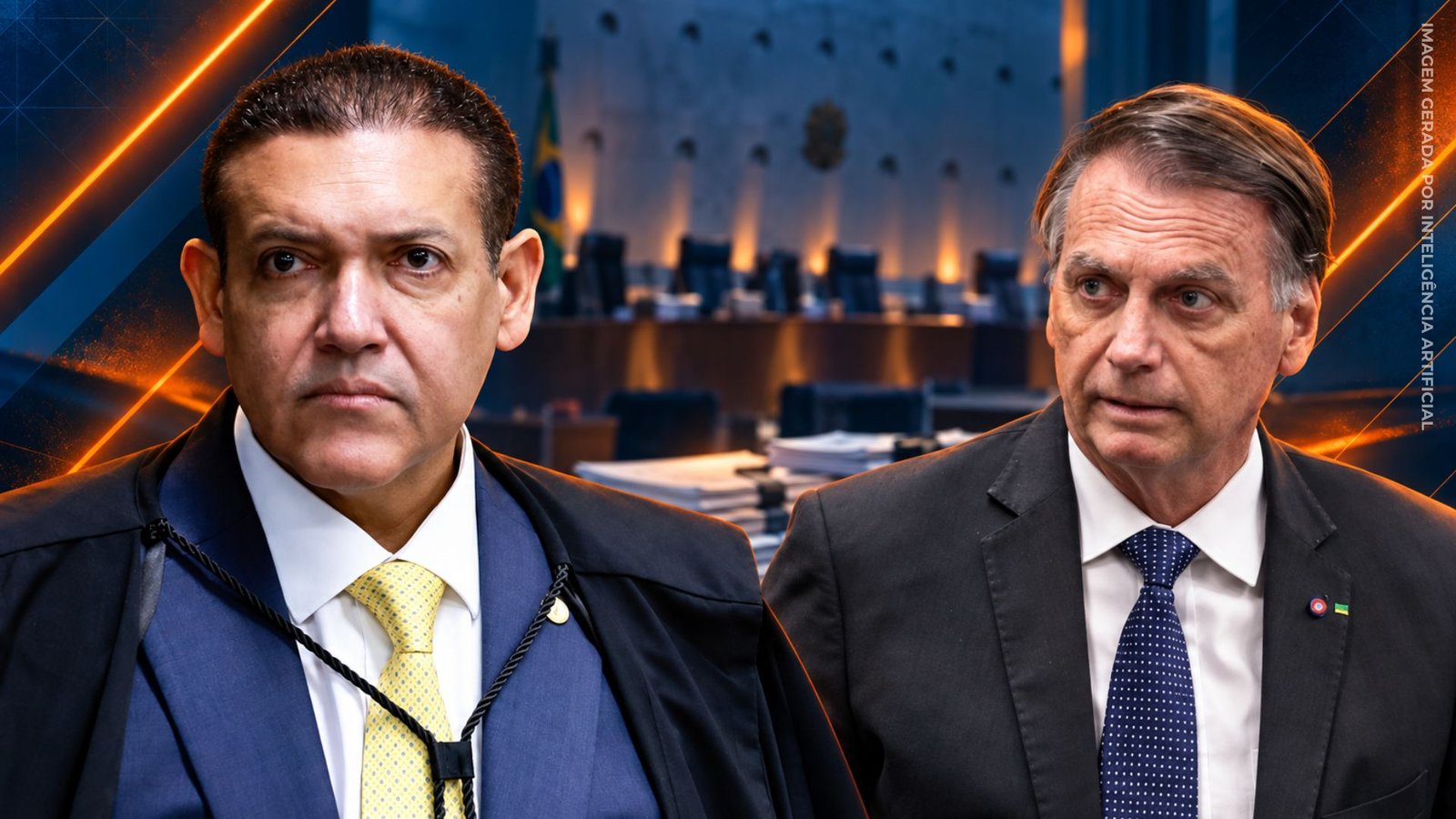 Montagem de Nunes Marques e Jair Bolsonaro com plenário ao fundo.